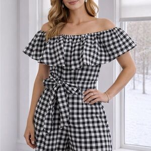 Elegant Black and White Checkered Off-Shoulder Jumpsuit